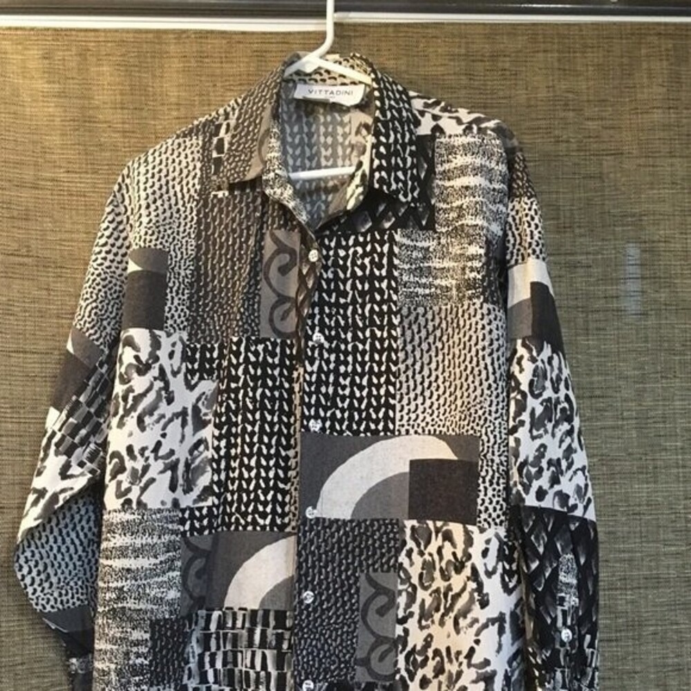 Vittadini sport patchwork print long button down silk shirt size M.
